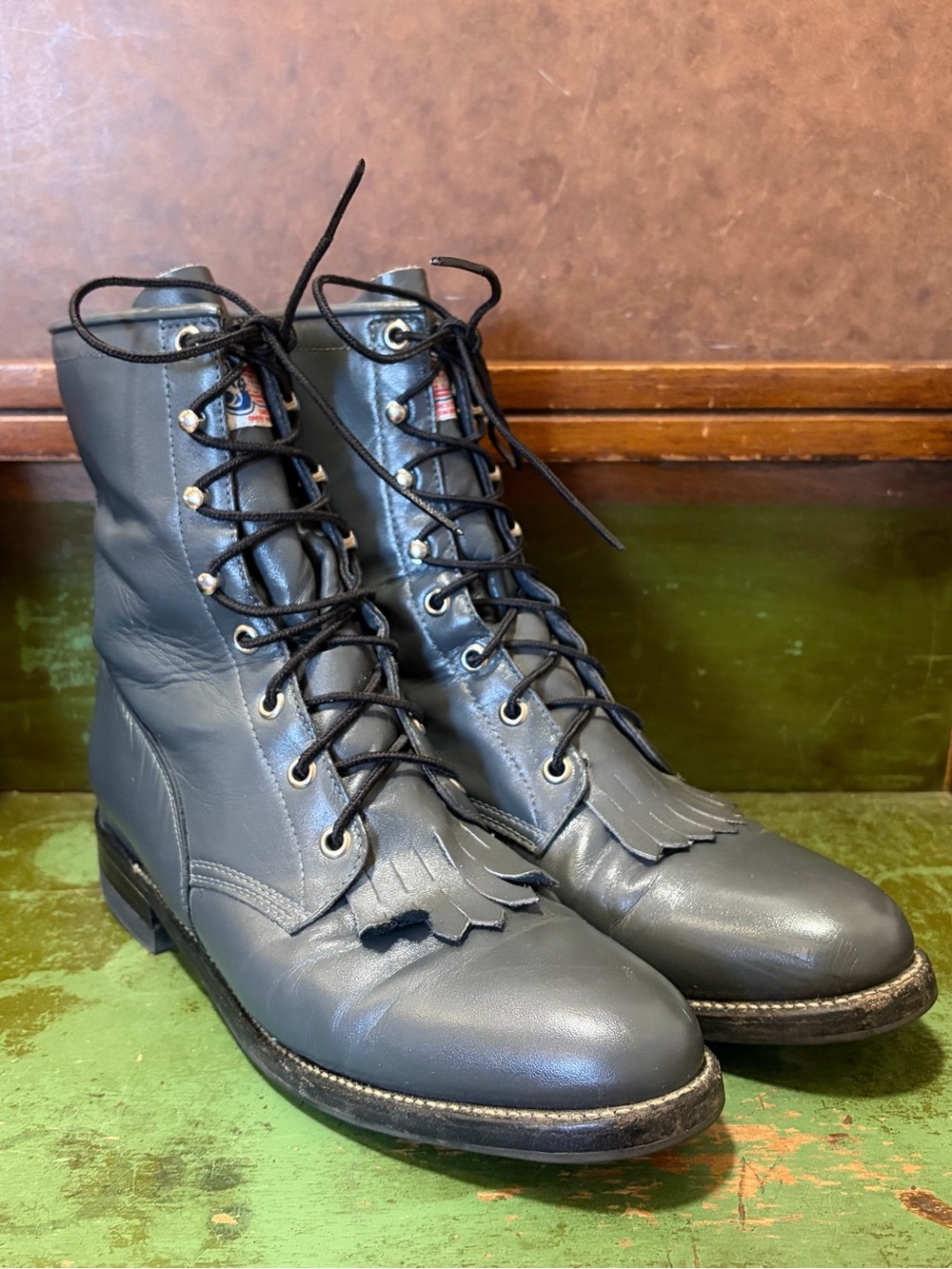 Vintage- Justin Boots Gray Lace-Up Kiltie Fringe Leather Boots